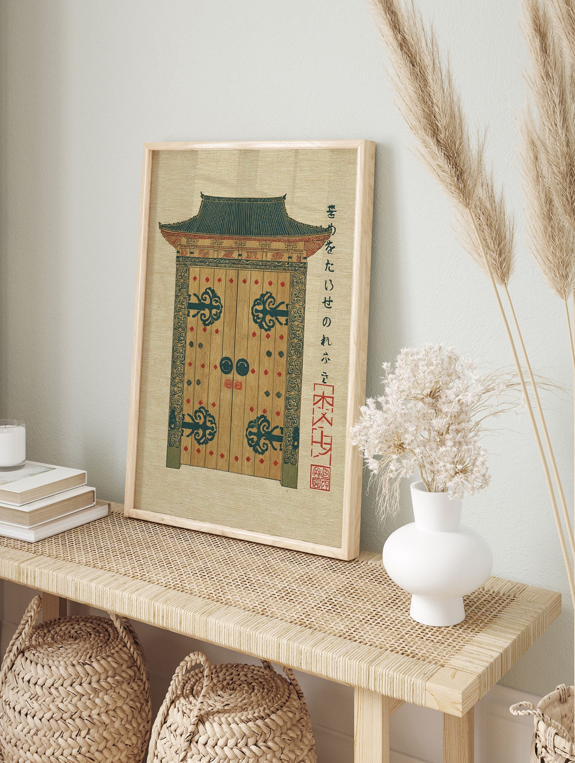 Traditional Japanese temple gate wall art print with dark teal roof, ornate hardware, and Japanese script on textured paper. - Image 3