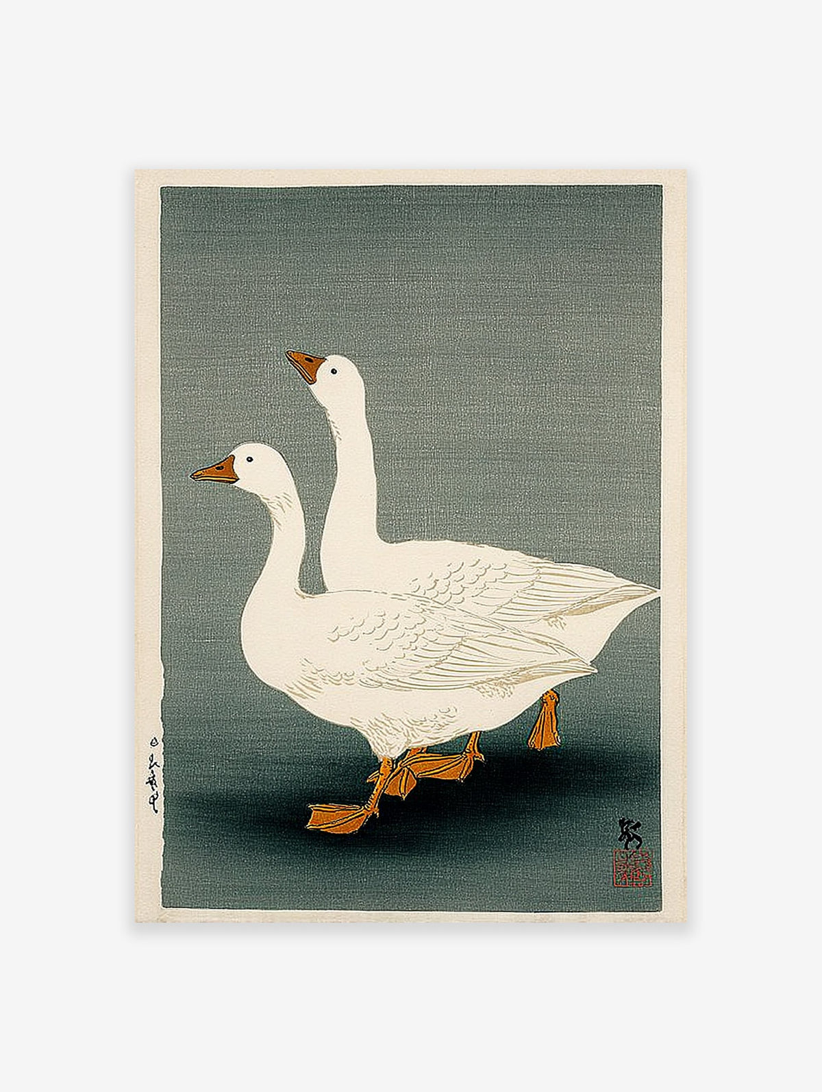 Japanese woodblock print of two white geese with orange beaks and feet on a muted greenish-grey background.
