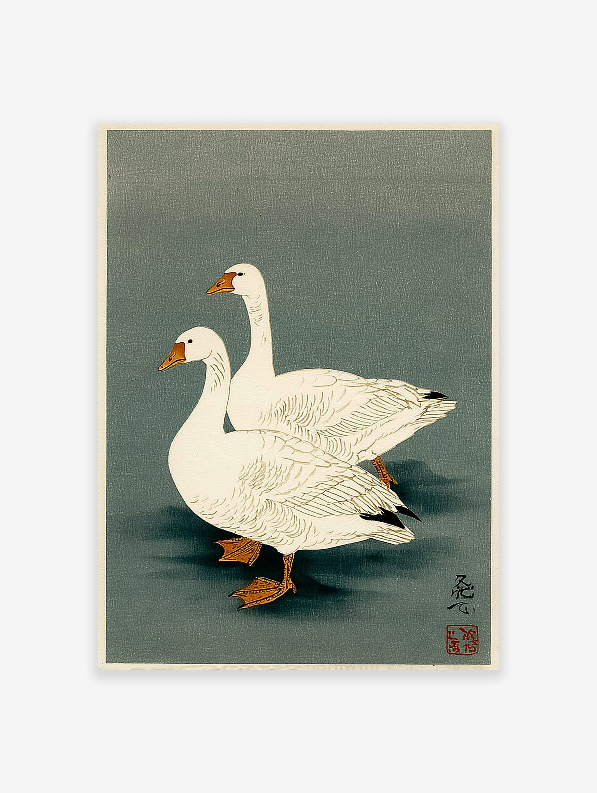 Two white geese in a pond, depicted in a traditional Japanese illustration style with a green-grey background.