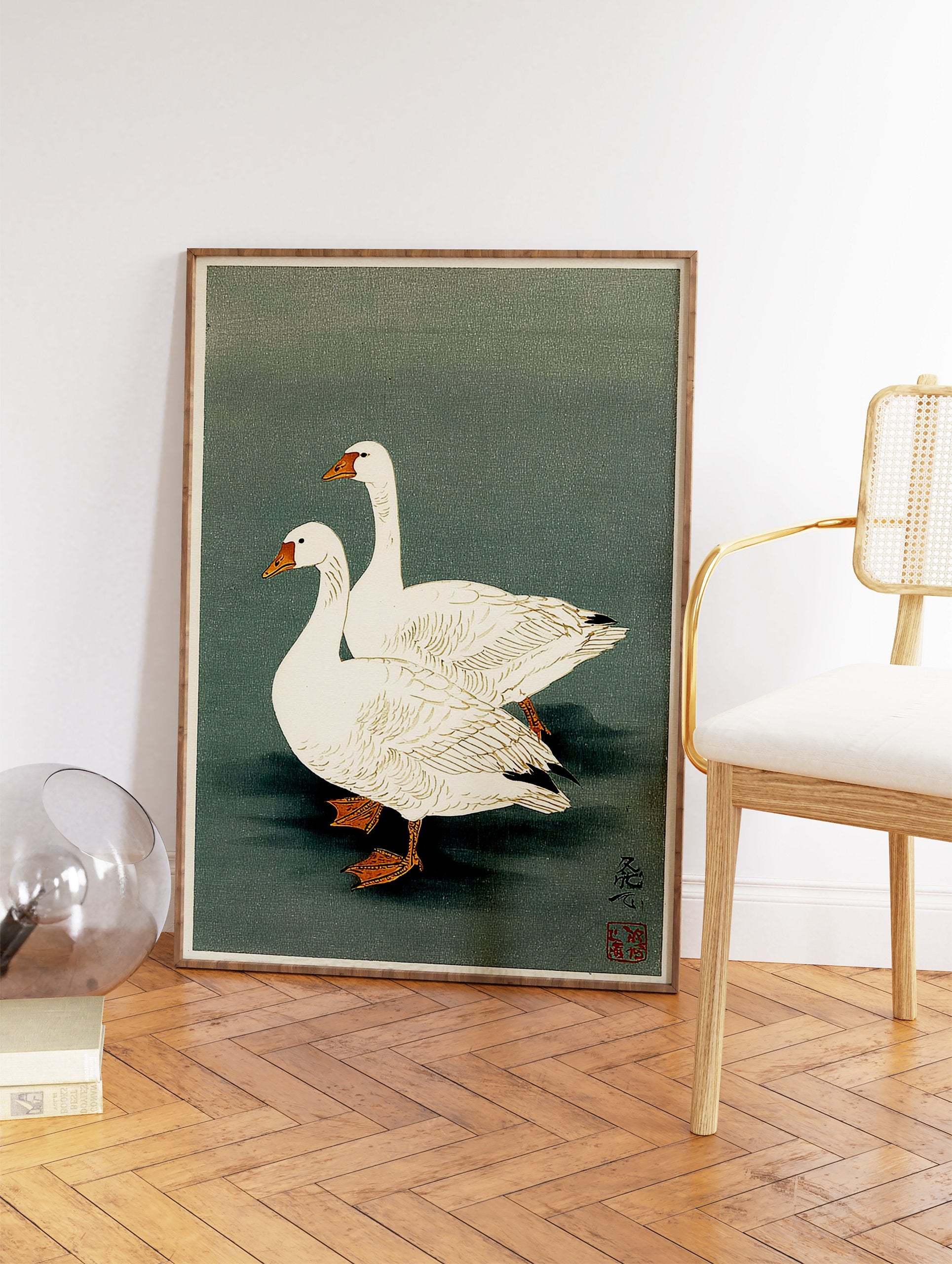 Two white geese in a pond, depicted in a traditional Japanese illustration style with a green-grey background. - Image 2