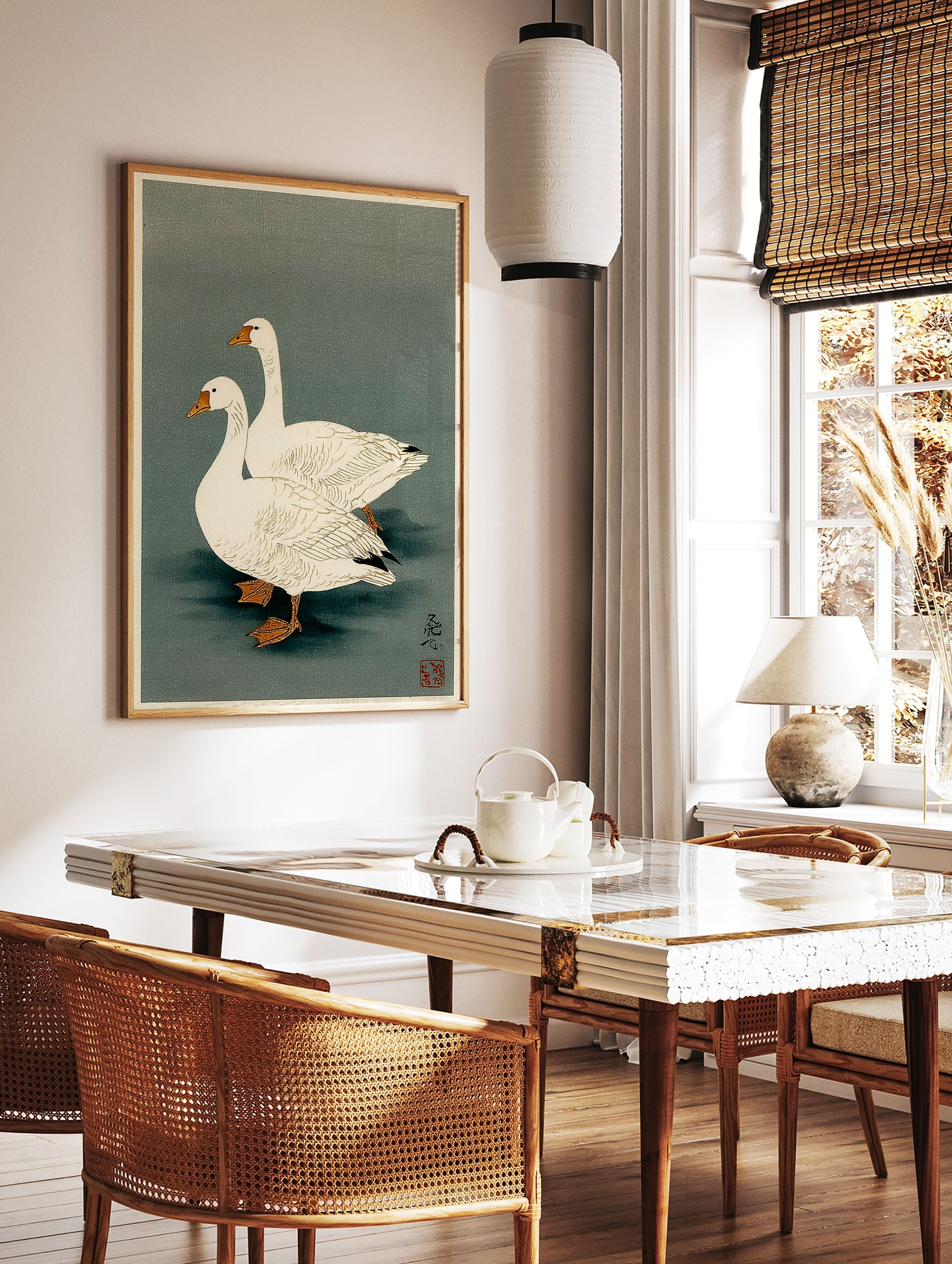 Two white geese in a pond, depicted in a traditional Japanese illustration style with a green-grey background. - Image 3