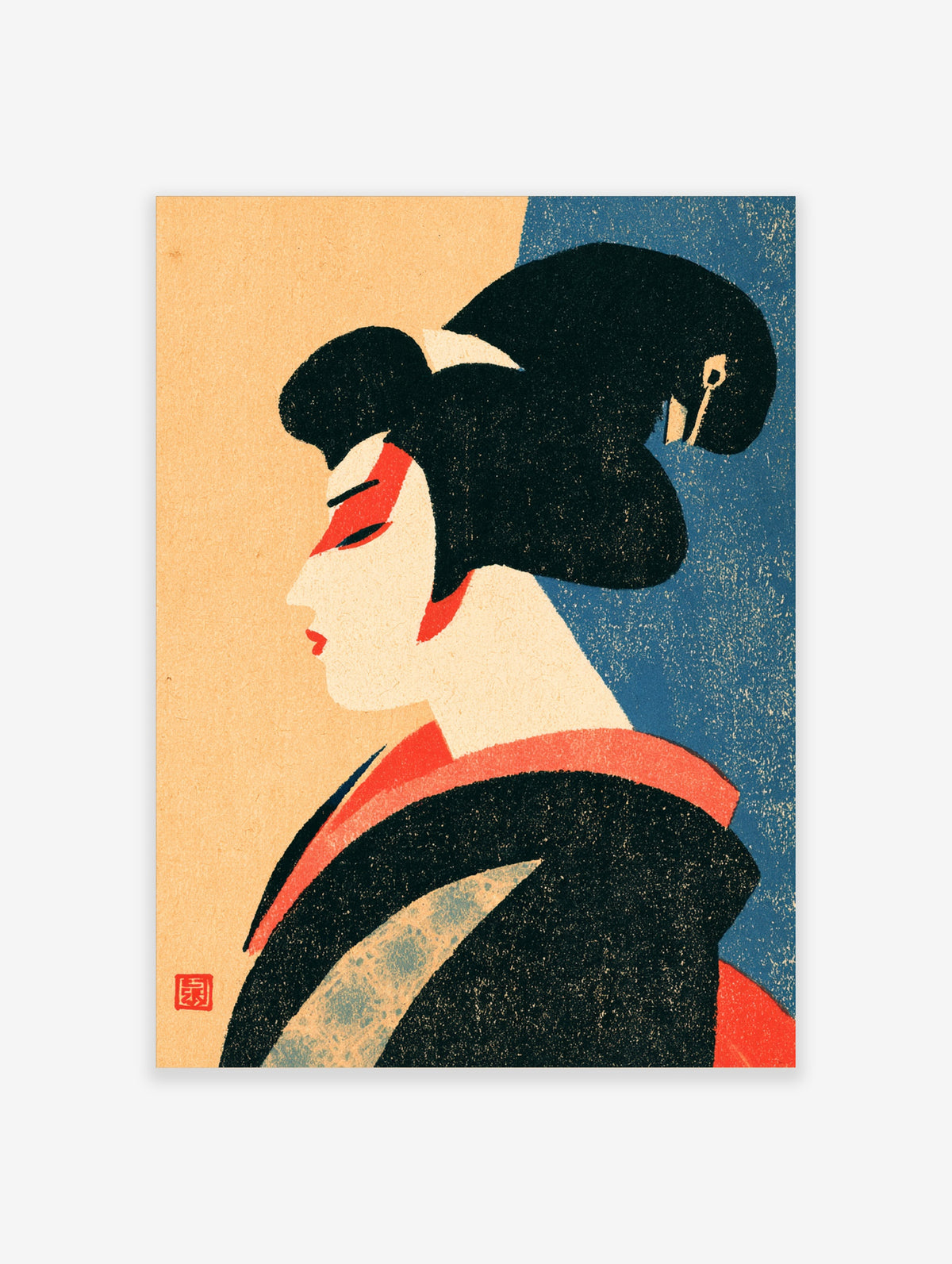 Japanese geisha portrait poster with red kabuki makeup and black updo hair on blue and beige background