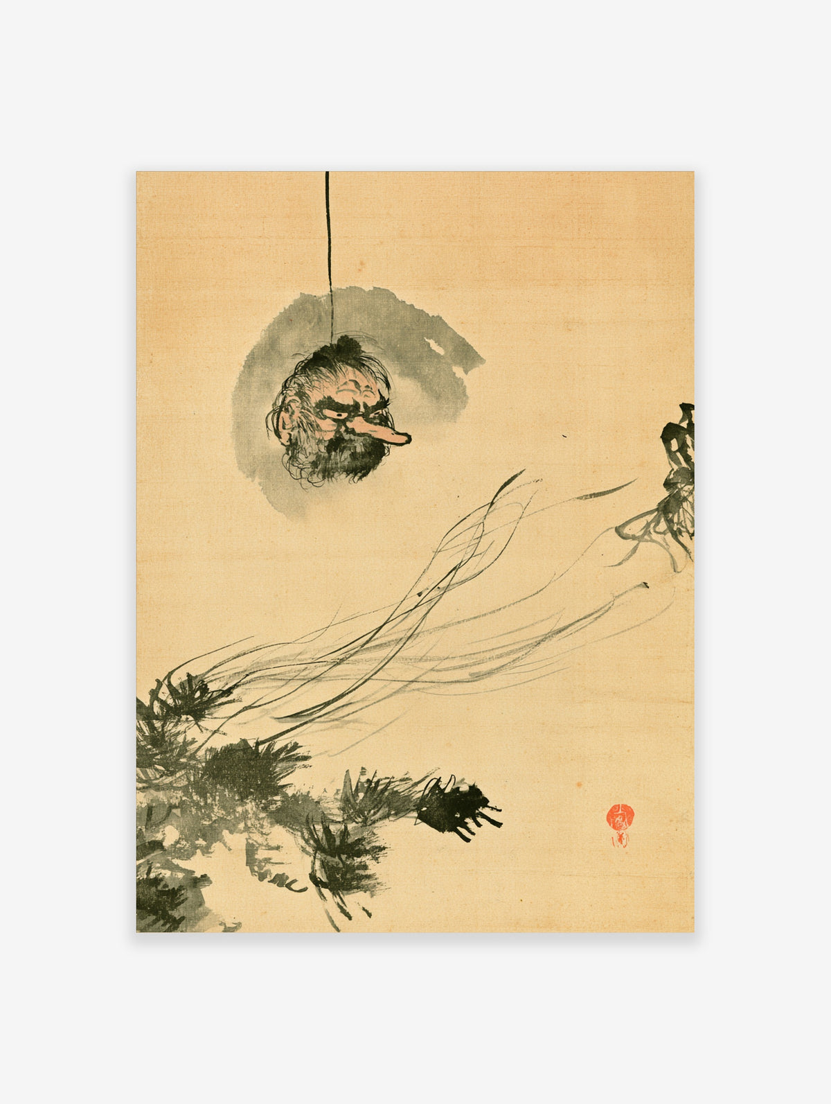 Japanese ghost head print with floating severed head, grey ink wash, and pine branches