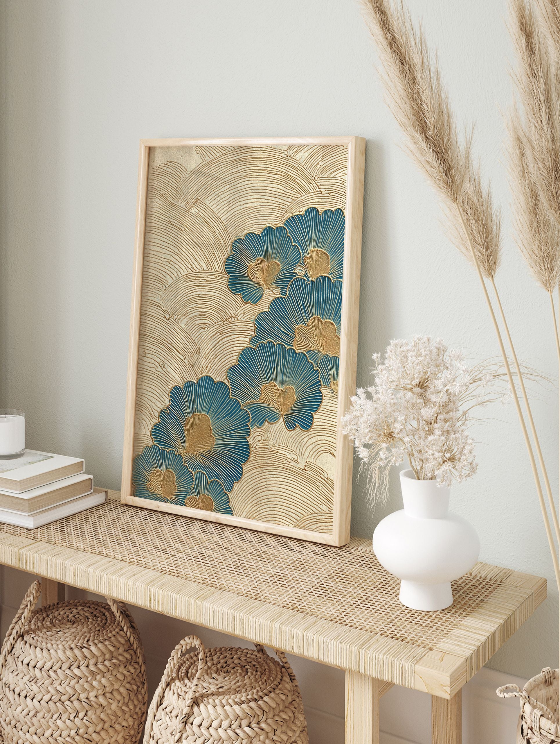 Japanese ginkgo leaf wall art with blue and gold fan-shaped leaves and textured gold wave patterns on a light background. - Image 3