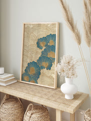 Japanese ginkgo leaf wall art with blue and gold fan-shaped leaves and textured gold wave patterns on a light background. - Image 3