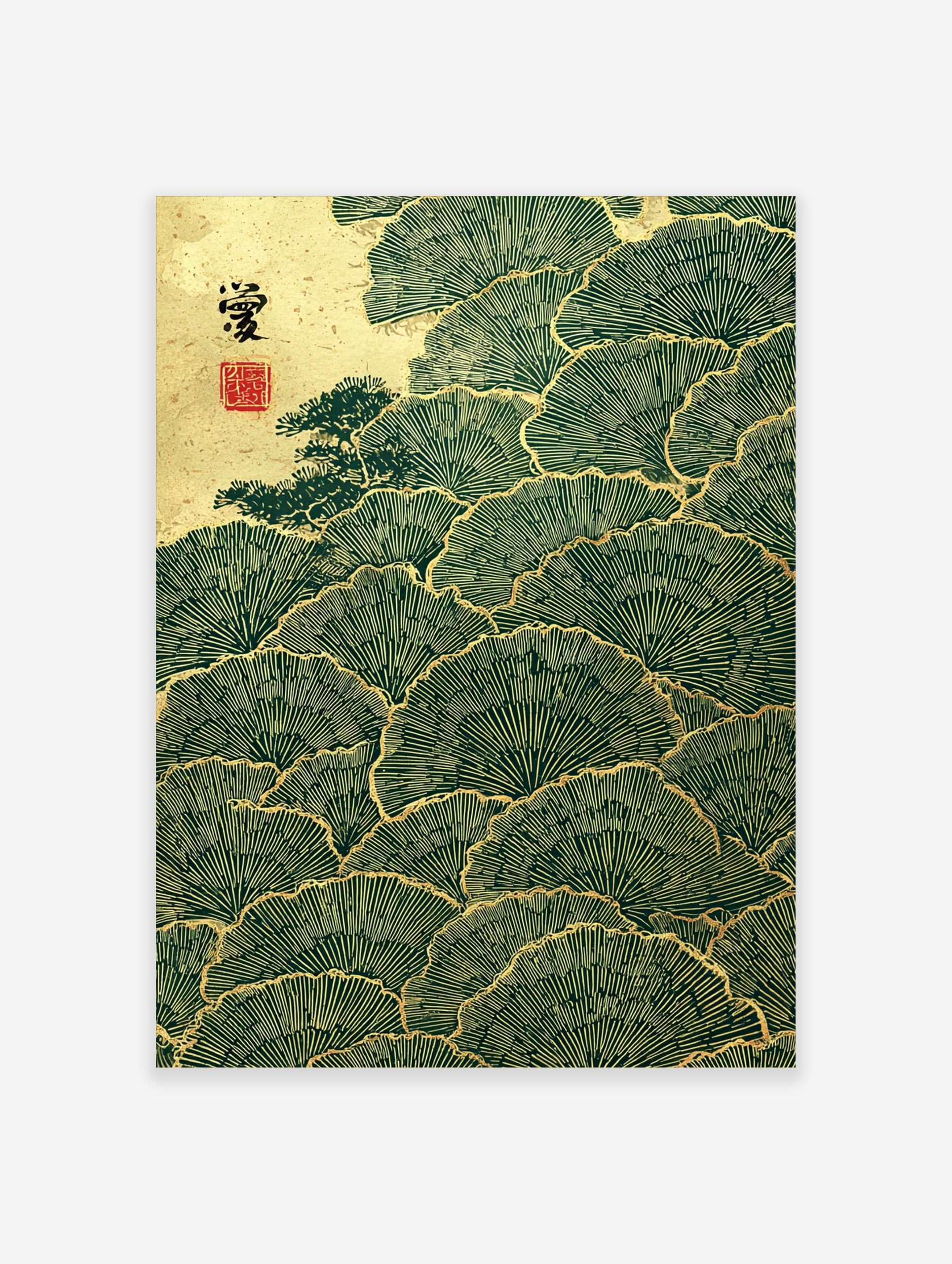 Japanese ginkgo leaf wall art with deep green fan-shaped foliage, golden outlines, and a textured gold background with kanji