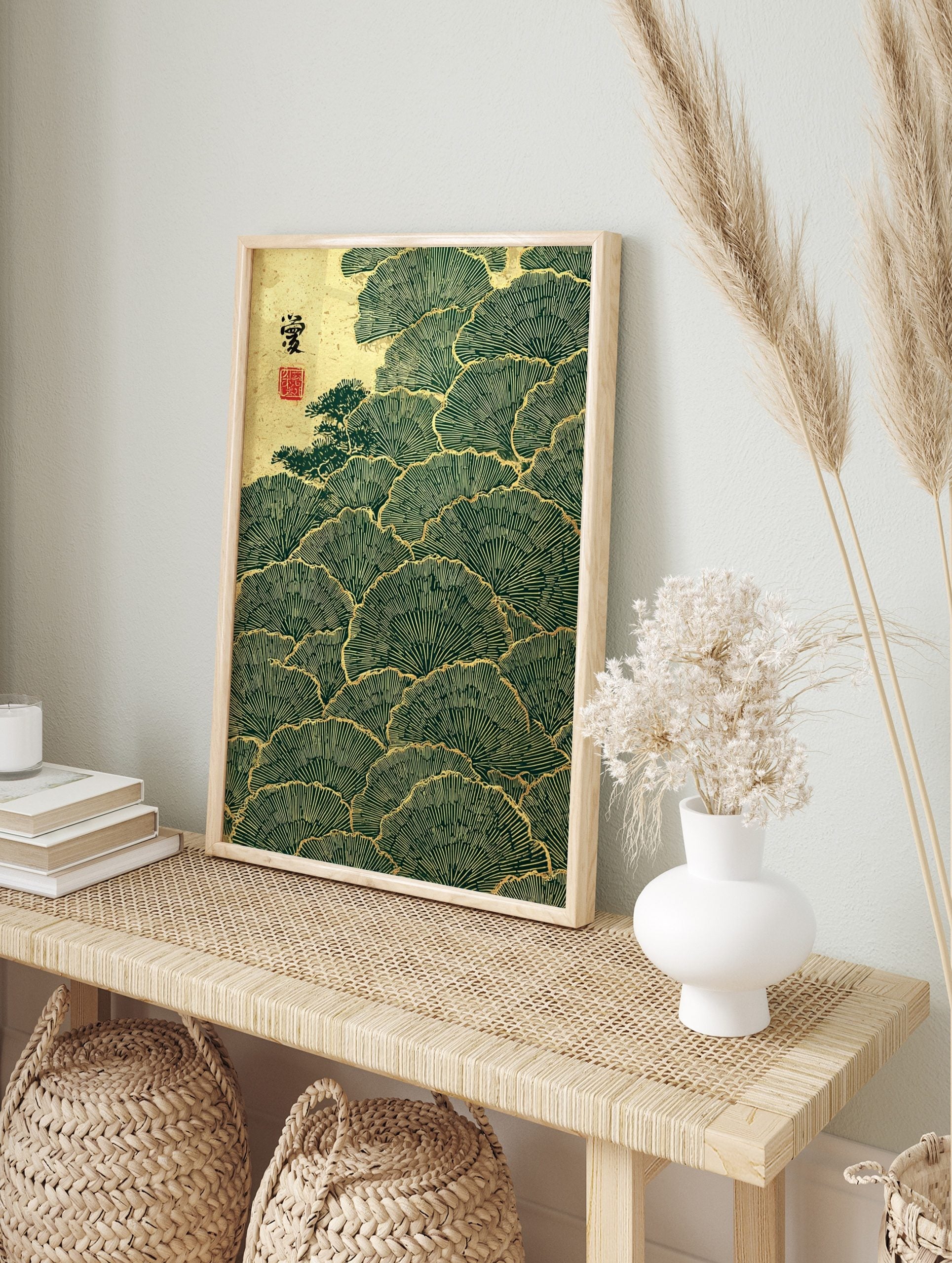Japanese ginkgo leaf wall art with deep green fan-shaped foliage, golden outlines, and a, in an alternate framed mockup
