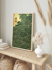 Japanese ginkgo leaf wall art with deep green fan-shaped foliage, golden outlines, and a, in an alternate framed mockup