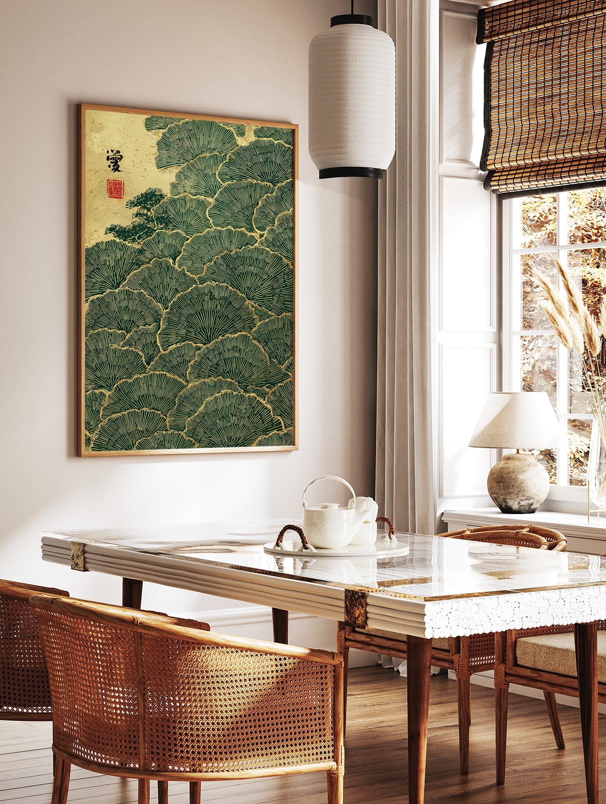 Japanese ginkgo leaf wall art with deep green fan-shaped foliage, golden outlines, and a textured, in a styled room mockup