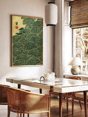 Japanese ginkgo leaf wall art with deep green fan-shaped foliage, golden outlines, and a textured, in a styled room mockup