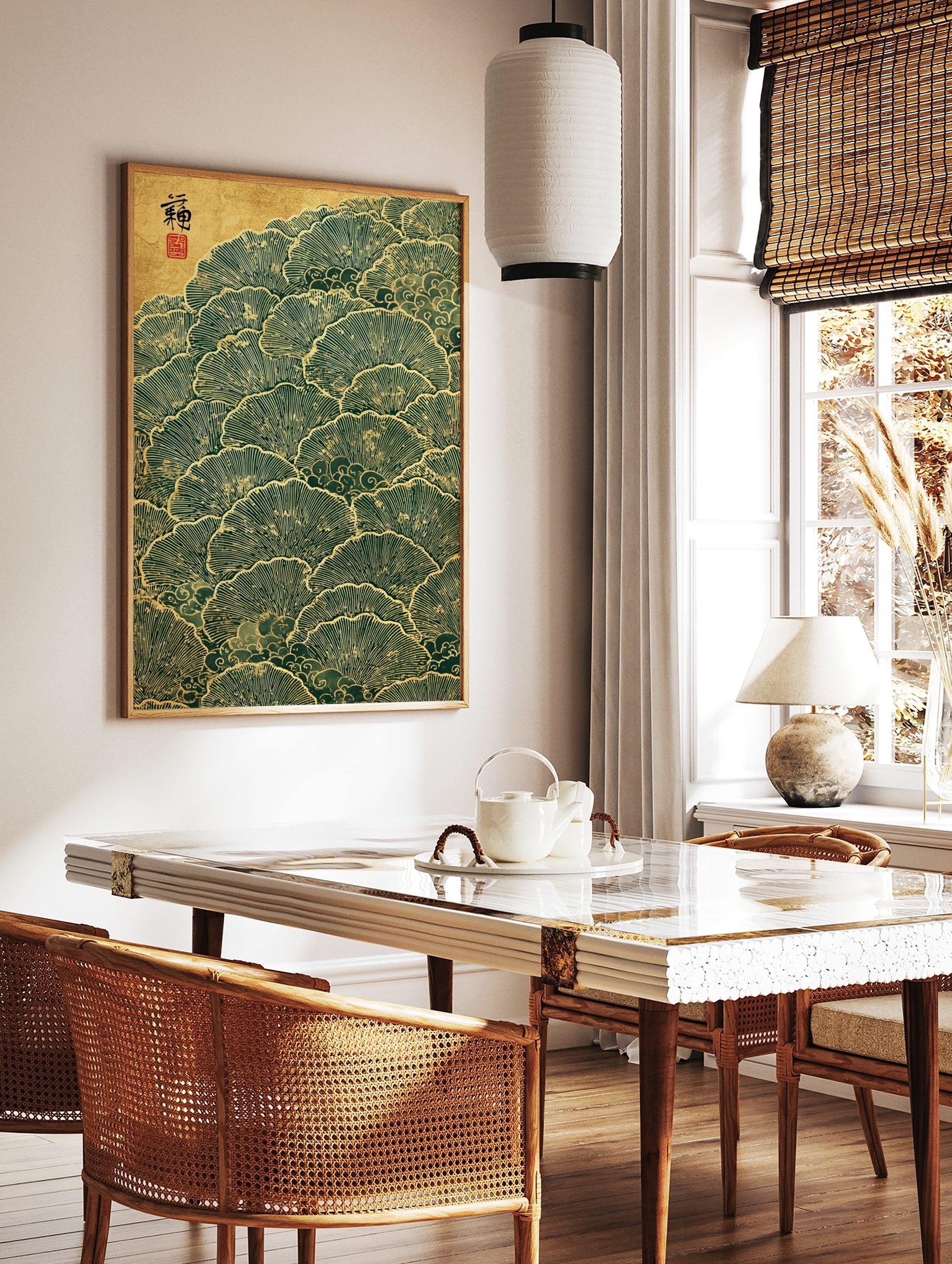 Stylised Japanese ginkgo leaves in green and gold, overlapping in a pattern with cloud motifs and a, in a styled room mockup