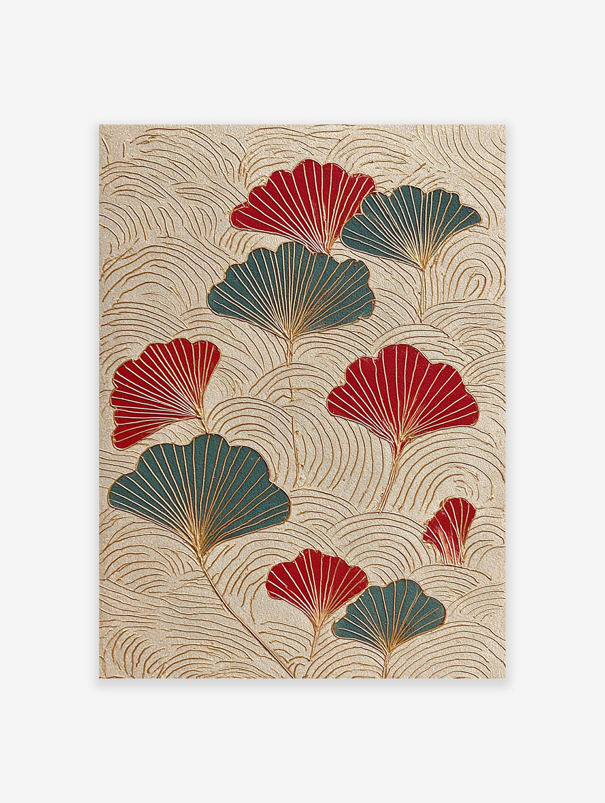 Japanese ginkgo leaf wall art print with red and teal fan-shaped leaves on a textured beige background with gold lines.