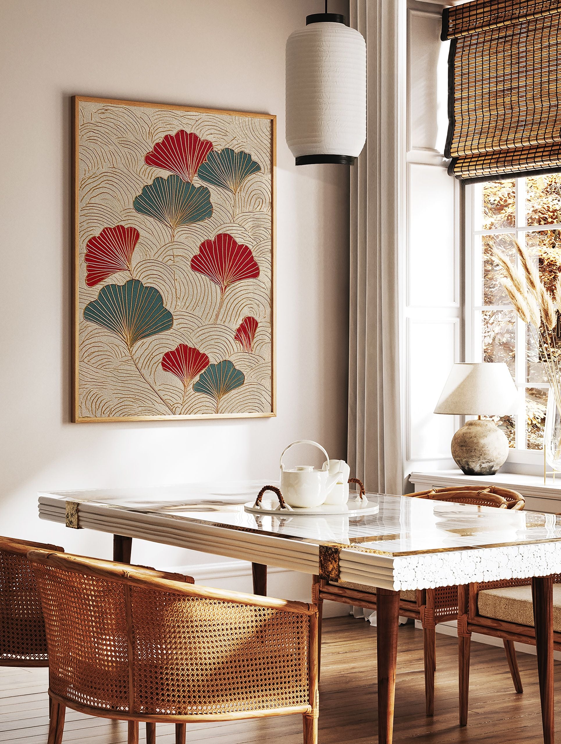 Japanese ginkgo leaf wall art print with red and teal fan-shaped leaves on a textured beige background with gold lines. - Image 2