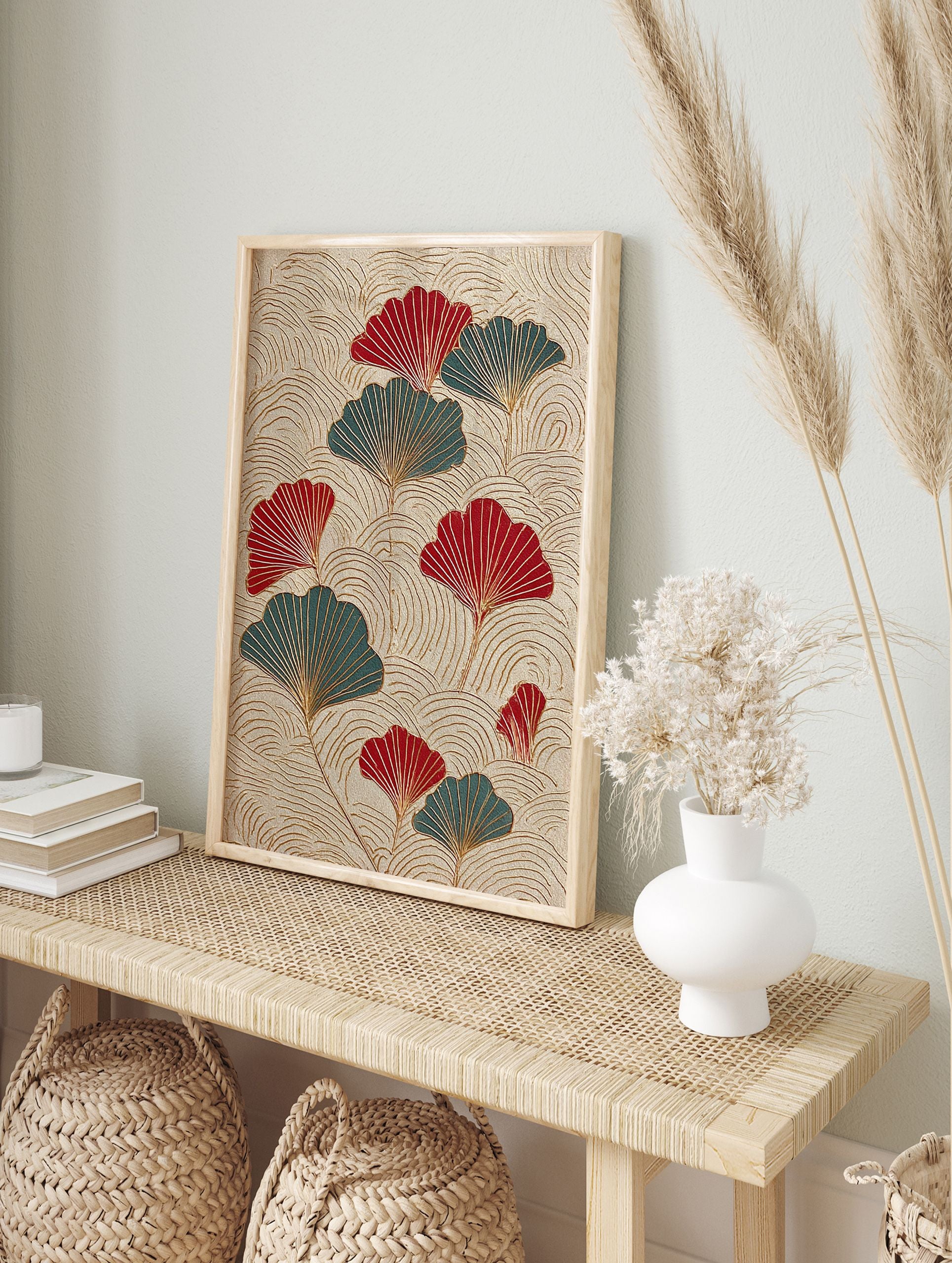 Japanese ginkgo leaf wall art print with red and teal fan-shaped leaves on a textured beige background with gold lines. - Image 3