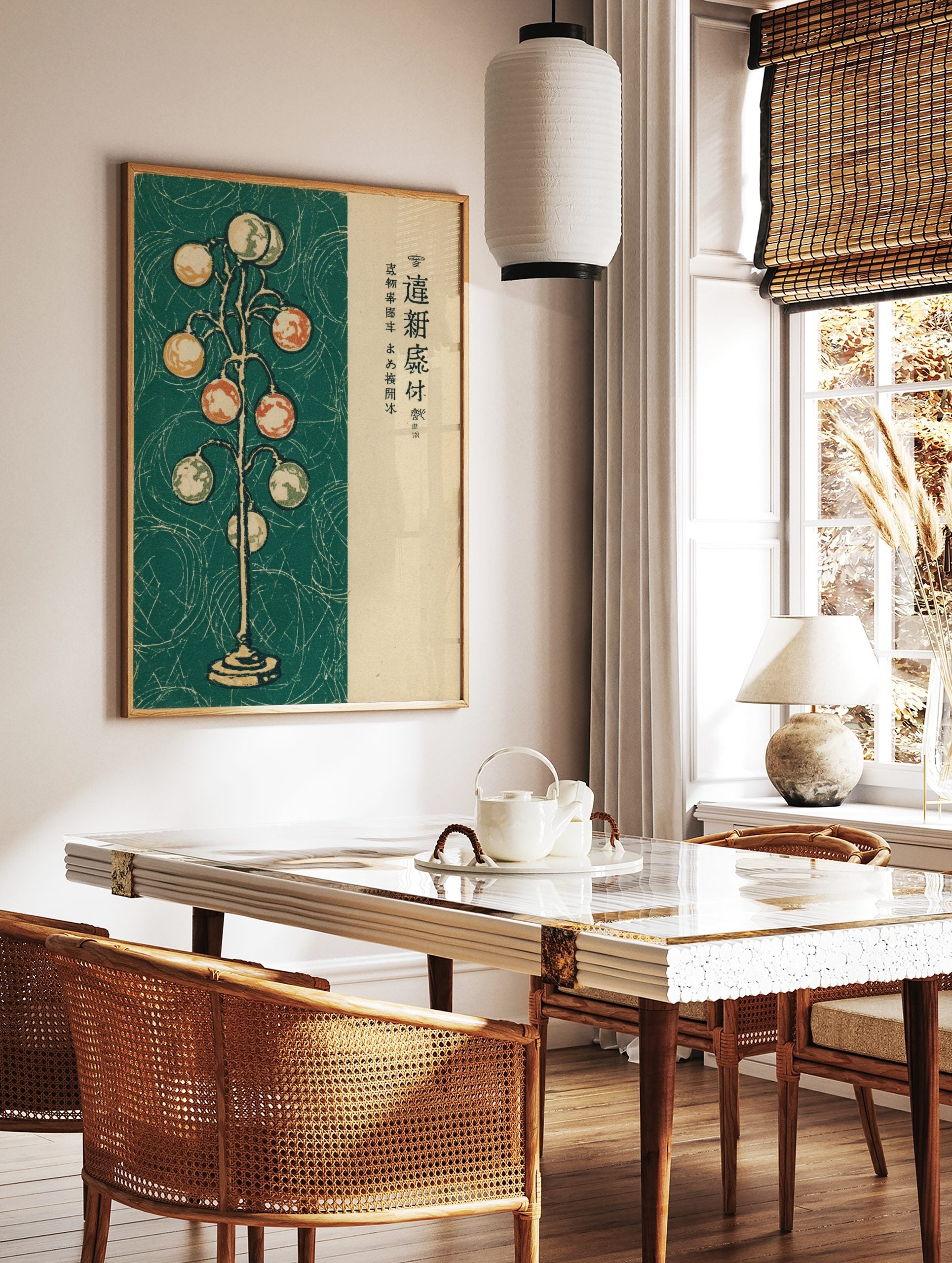Vintage Japanese illustrative art print of a globe tree with orange, green, and beige spheres on a, in a styled room mockup