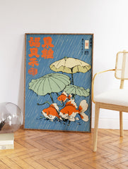 Japanese goldfish art print in ukiyo-e style, featuring three orange goldfish walking with umbrellas in the rain. - Image 2