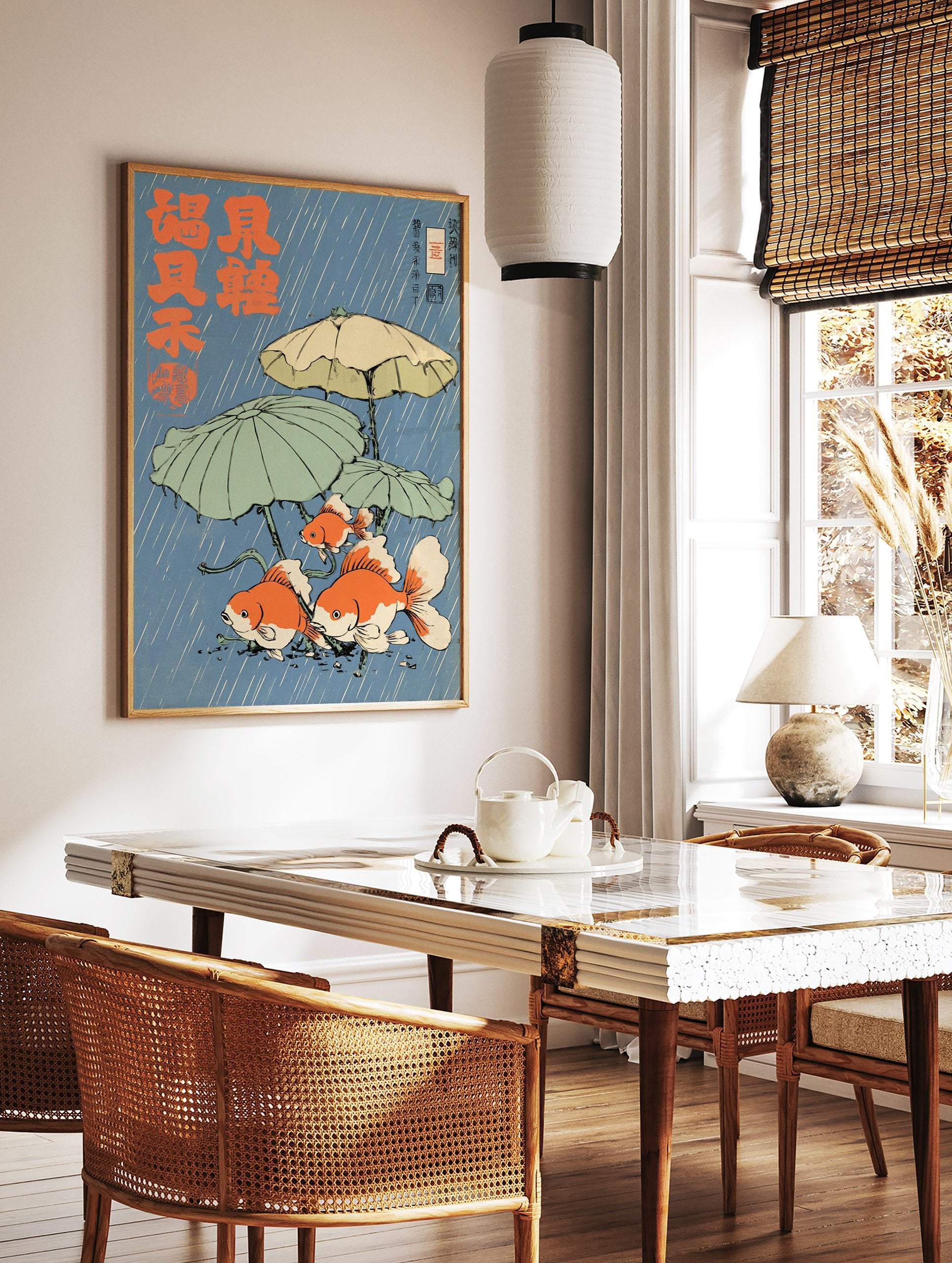 Japanese goldfish art print in ukiyo-e style, featuring three orange goldfish walking with umbrellas in the rain. - Image 3