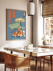 Japanese goldfish art print in ukiyo-e style, featuring three orange goldfish walking with umbrellas in the rain. - Image 3