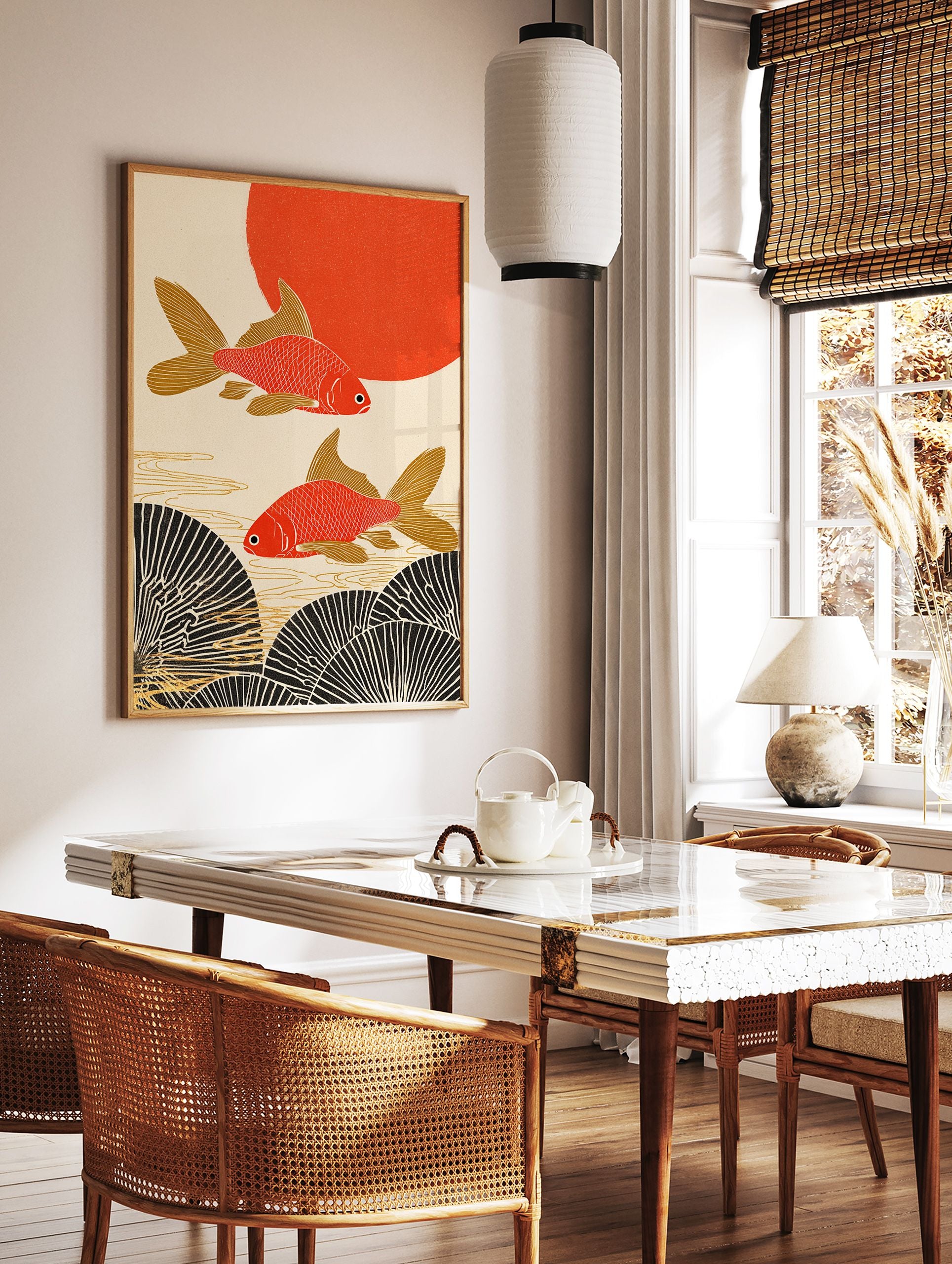 Japanese Goldfish Poster with two red and gold fish swimming above black fan patterns, with a red sun in the background. - Image 2