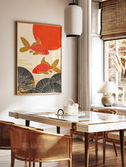Japanese Goldfish Poster with two red and gold fish swimming above black fan patterns, with a red sun in the background. - Image 2