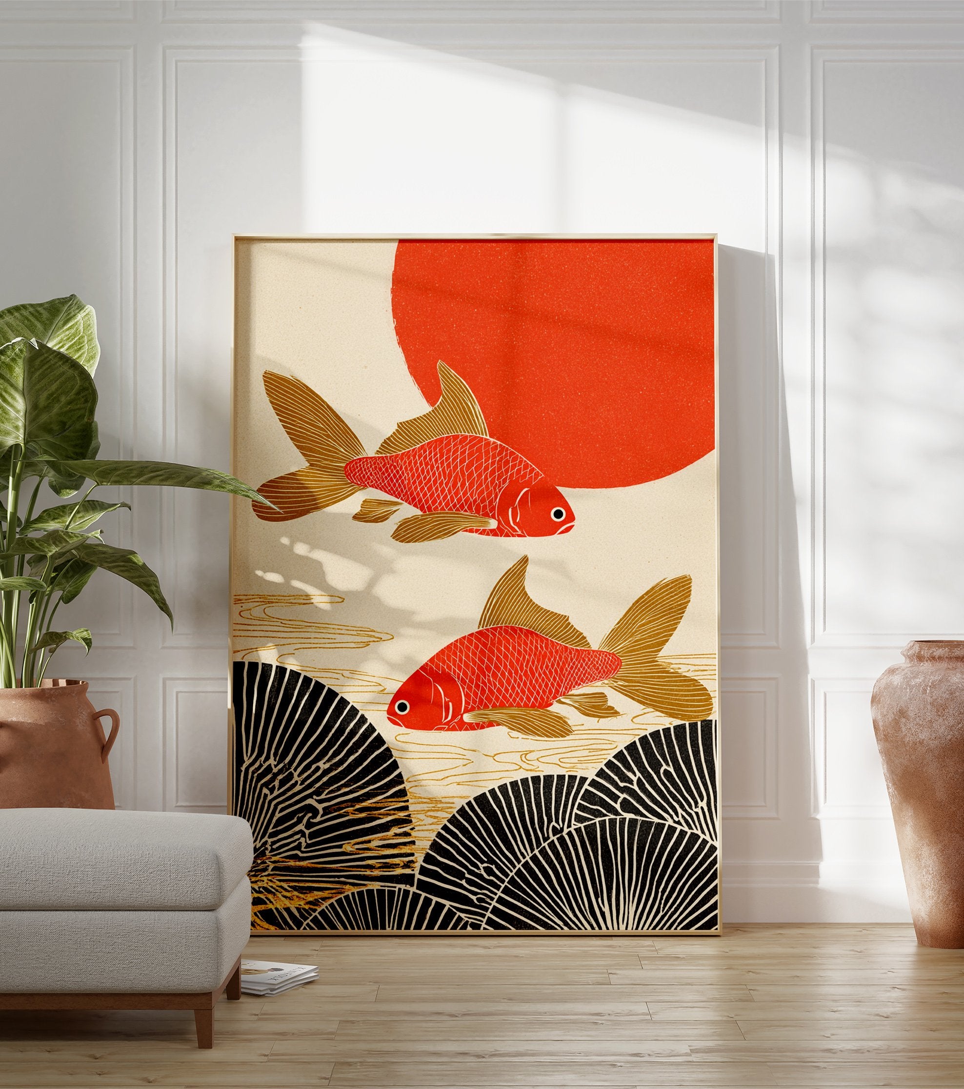 Japanese Goldfish Poster with two red and gold fish swimming above black fan patterns, with a red sun in the background. - Image 3
