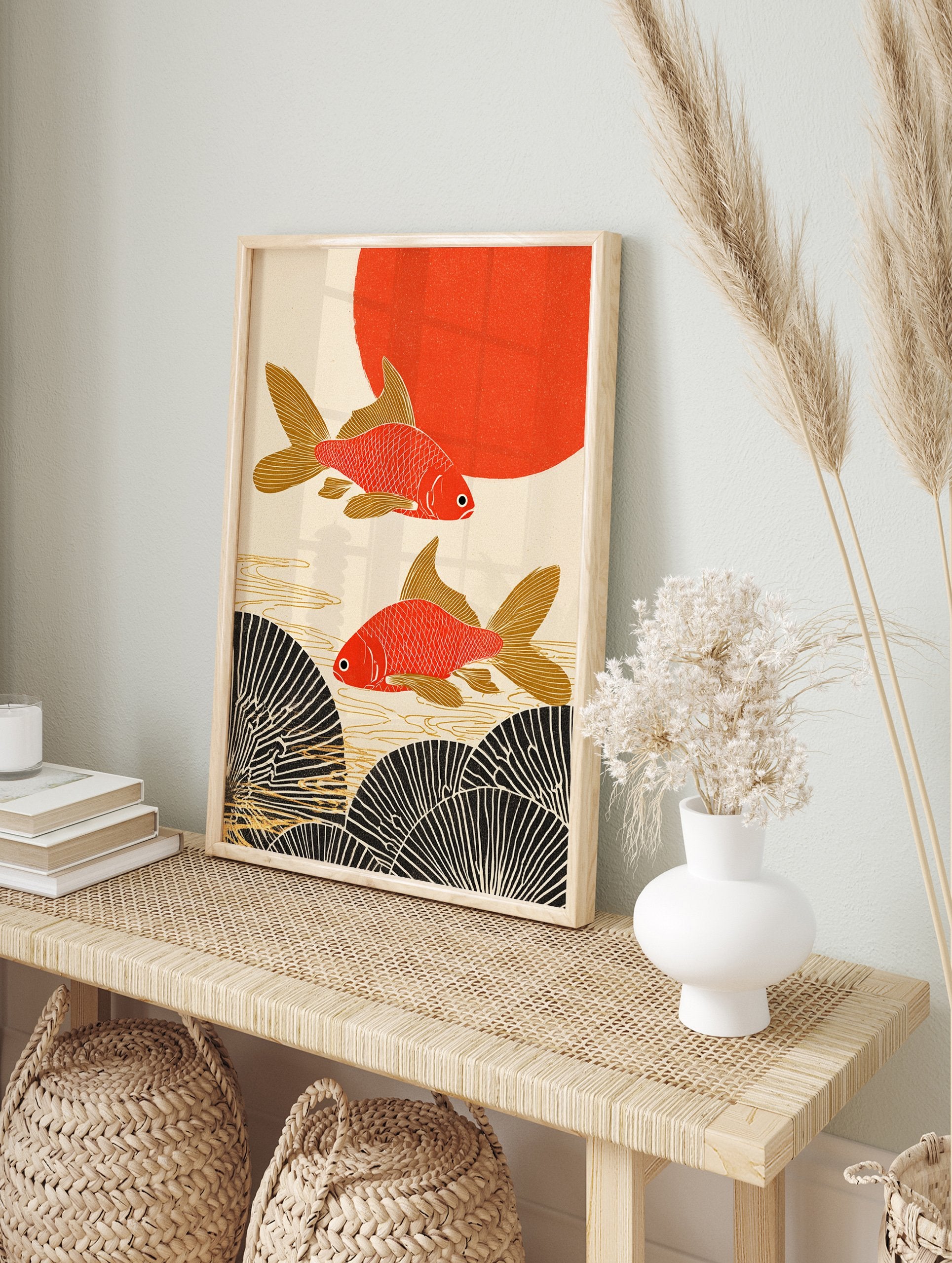 Japanese Goldfish Poster with two red and gold fish swimming above black fan patterns, with a red sun in the background. - Image 4
