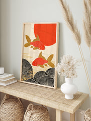 Japanese Goldfish Poster with two red and gold fish swimming above black fan patterns, with a red sun in the background. - Image 4