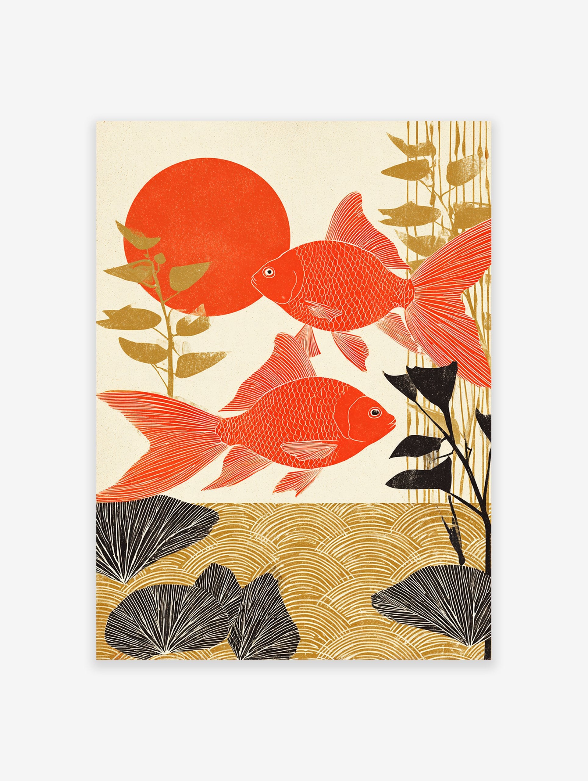Japanese goldfish poster featuring two vibrant red fish, a large red sun, and golden/black aquatic plants in an Ukiyo-e style.