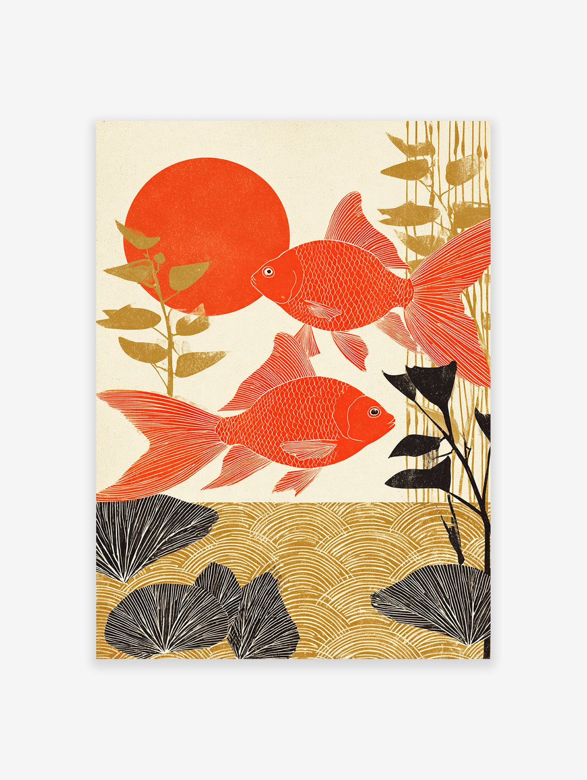 Japanese goldfish poster featuring two vibrant red fish, a large red sun, and golden/black aquatic plants in an Ukiyo-e style.