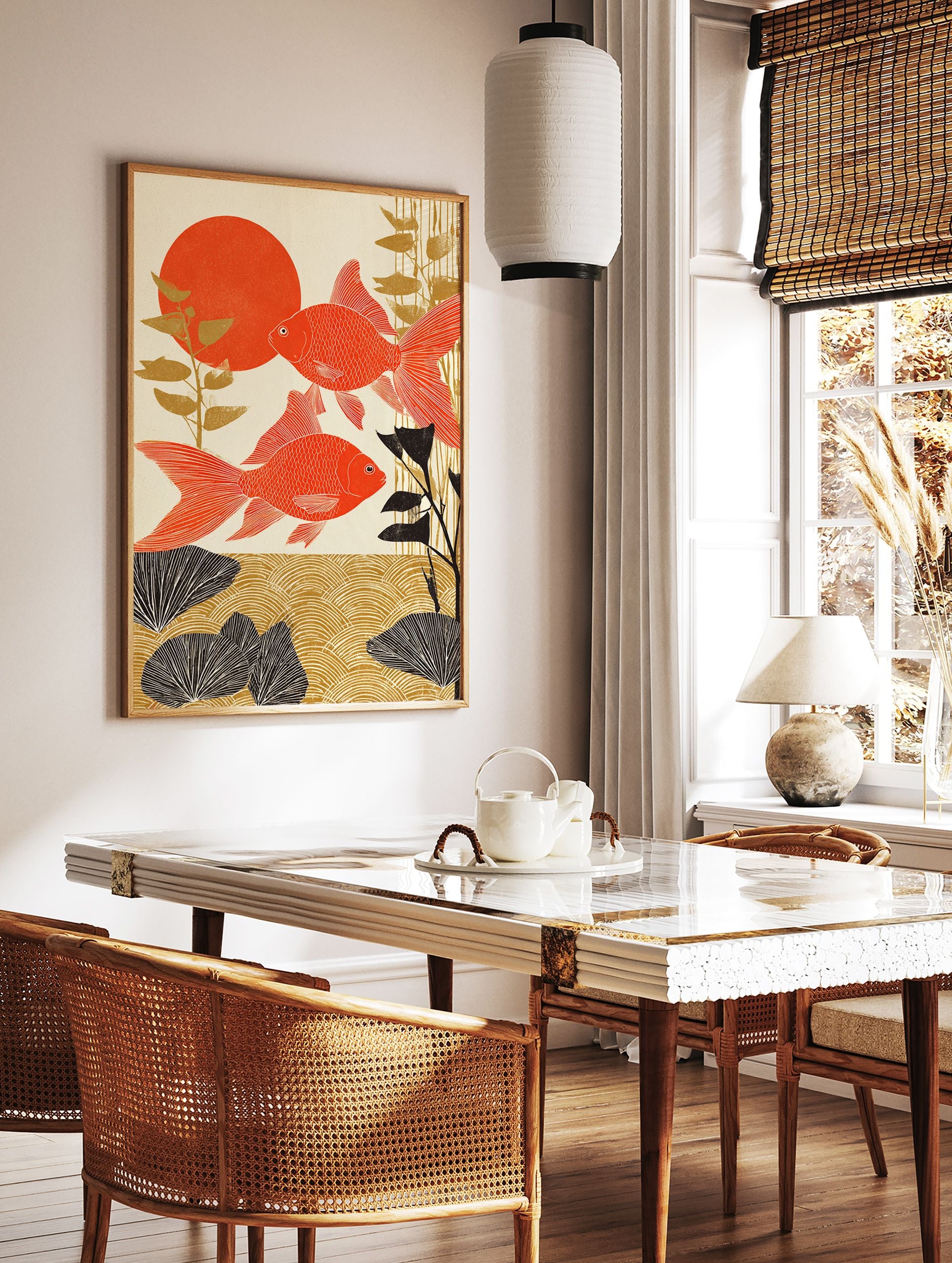 Japanese goldfish poster featuring two vibrant red fish, a large red sun, and golden/black aquatic plants in an Ukiyo-e style. - Image 2