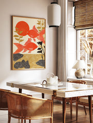Japanese goldfish poster featuring two vibrant red fish, a large red sun, and golden/black aquatic plants in an Ukiyo-e style. - Image 2