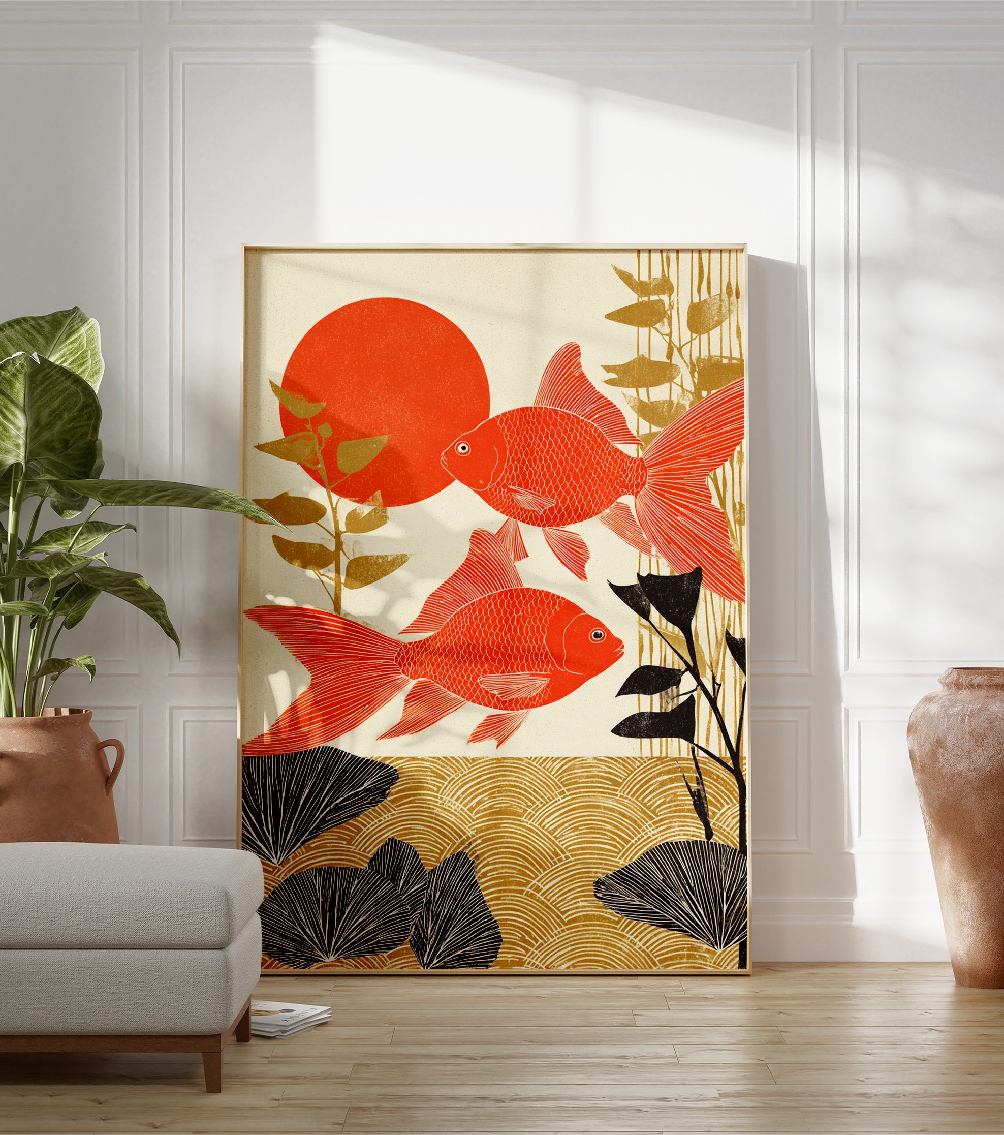 Japanese goldfish poster featuring two vibrant red fish, a large red sun, and golden/black aquatic plants in an Ukiyo-e style. - Image 3