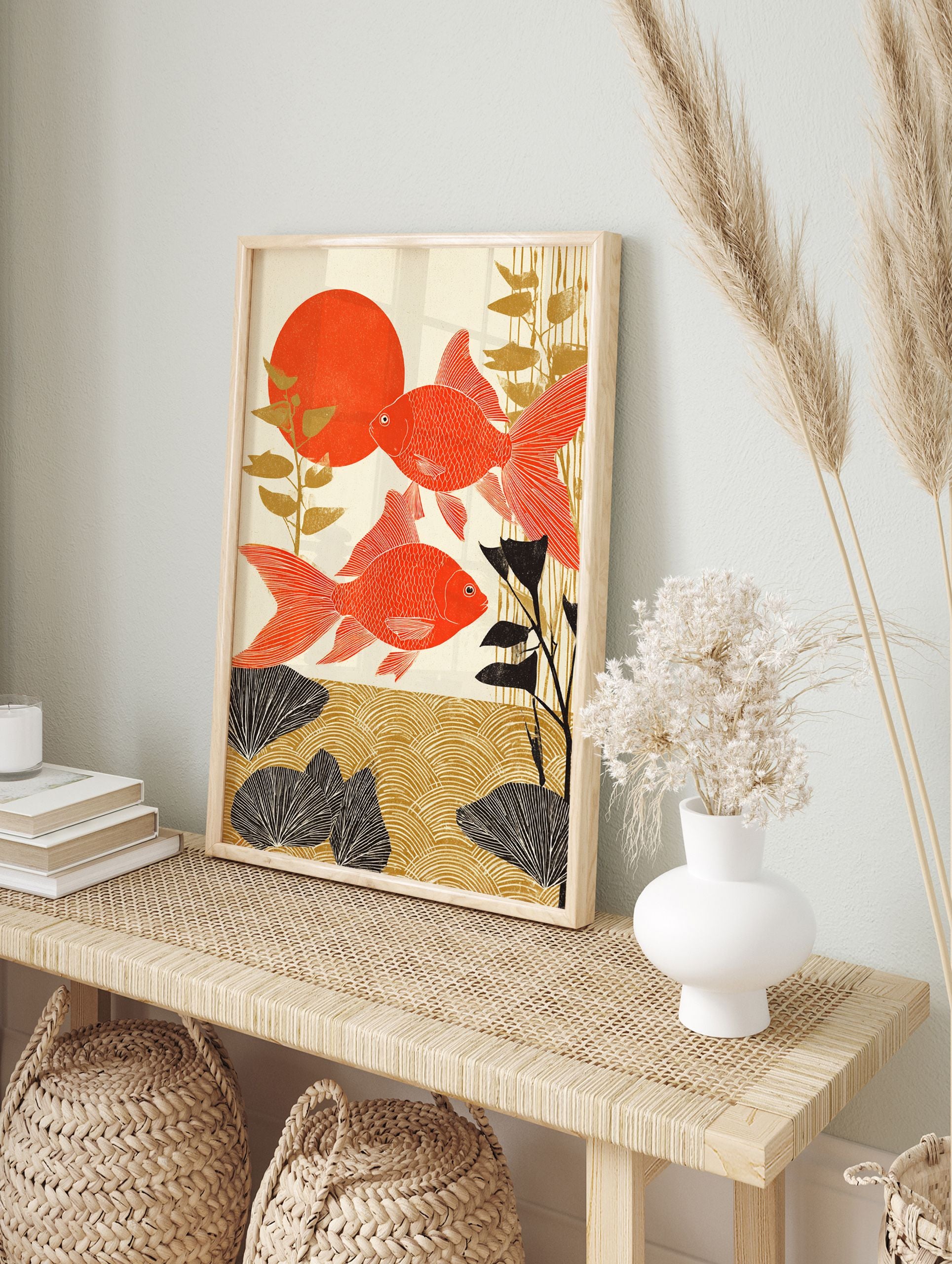 Japanese goldfish poster featuring two vibrant red fish, a large red sun, and golden/black aquatic plants in an Ukiyo-e style. - Image 4