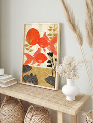 Japanese goldfish poster featuring two vibrant red fish, a large red sun, and golden/black aquatic plants in an Ukiyo-e style. - Image 4