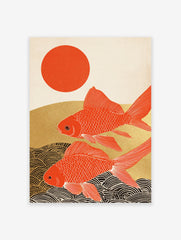 Japanese Goldfish poster featuring two red koi fish swimming under a red sun with golden waves