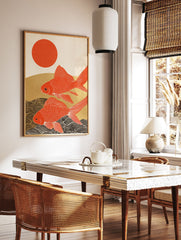 Japanese Goldfish poster featuring two red koi fish swimming under a red sun with golden waves - Image 2