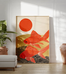 Japanese Goldfish poster featuring two red koi fish swimming under a red sun with golden waves - Image 3