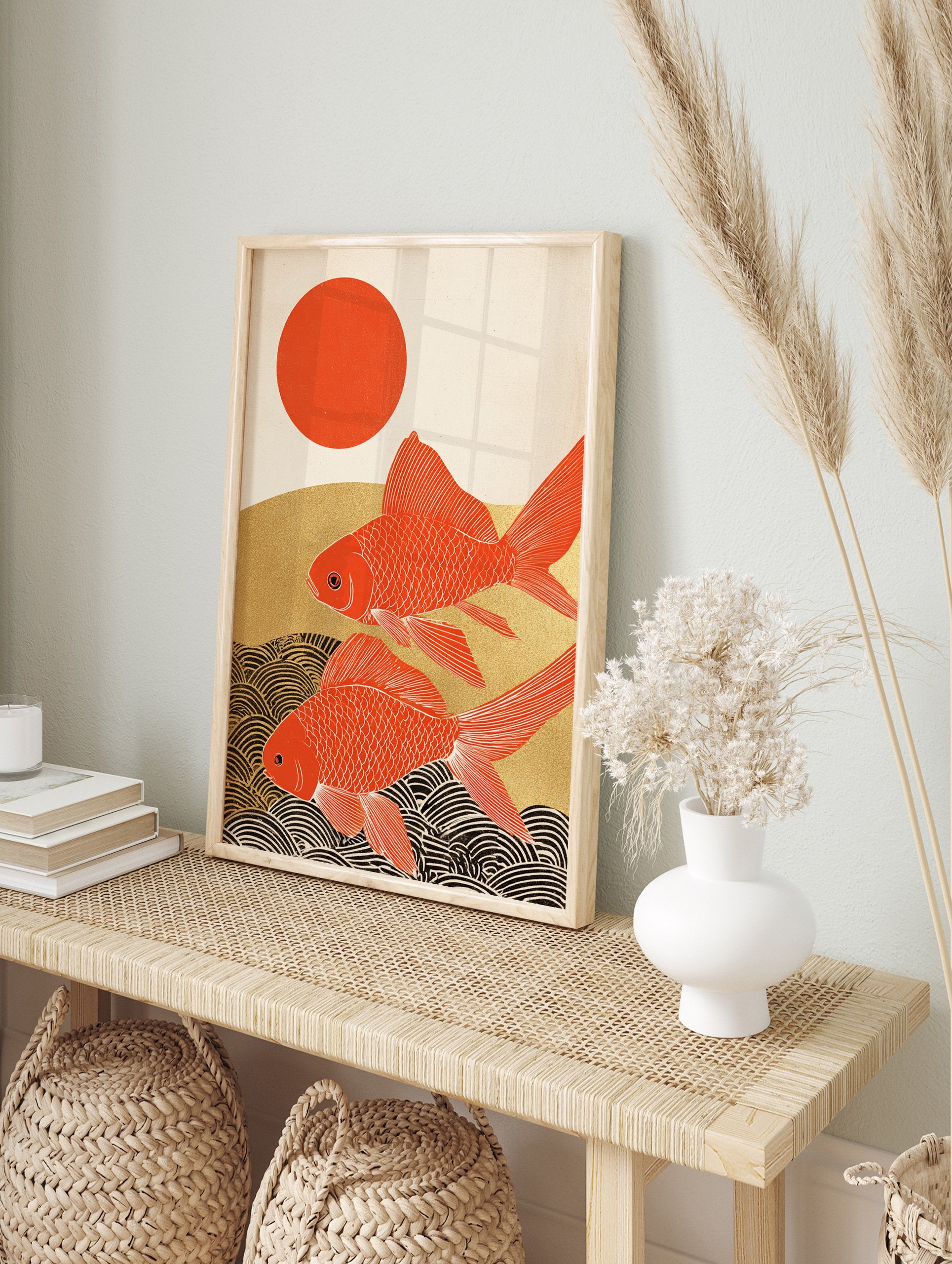 Japanese Goldfish poster featuring two red koi fish swimming under a red sun with golden waves - Image 4