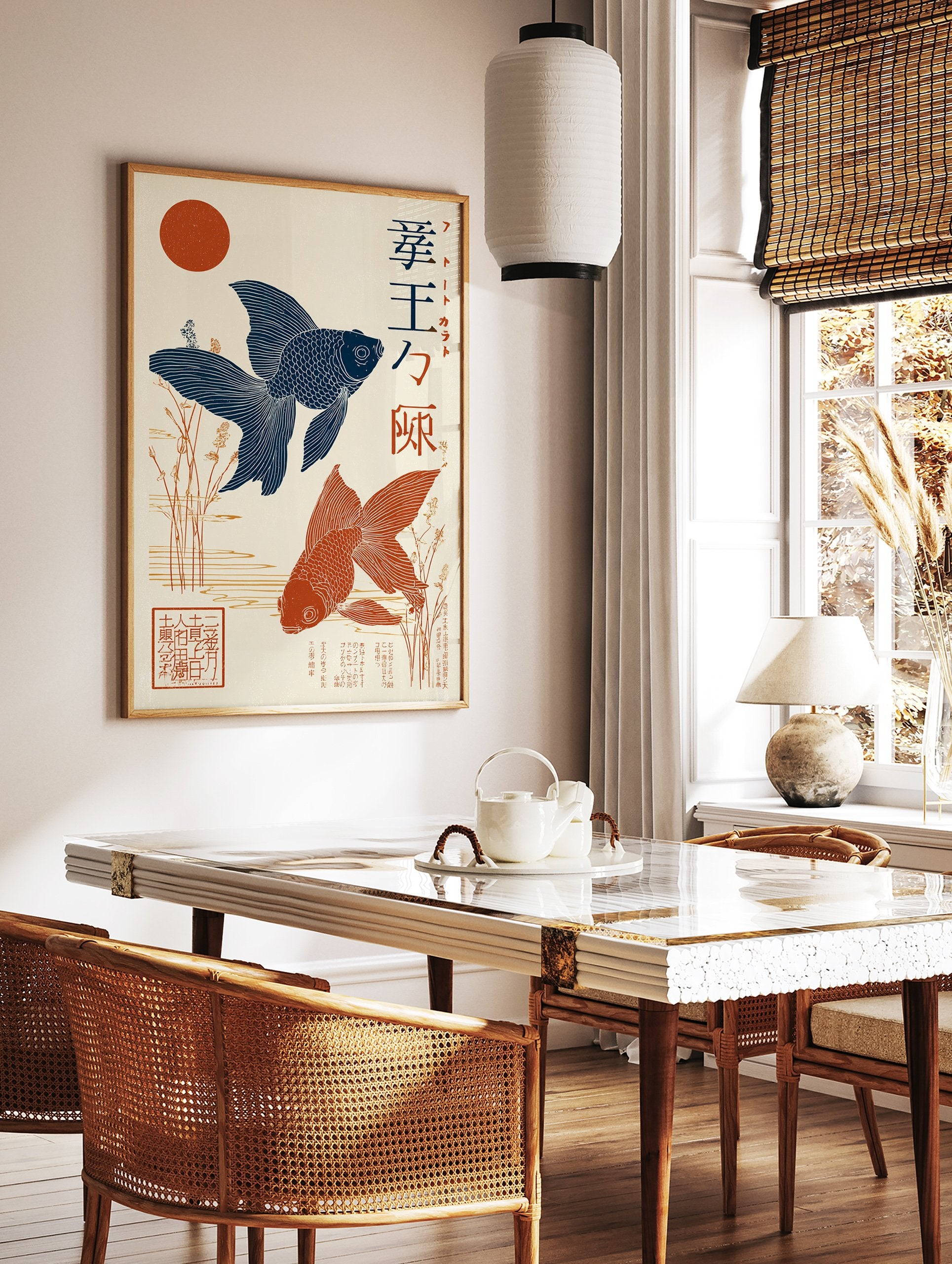 Japanese Goldfish poster featuring two koi, one blue and one orange, swimming in water with reeds and a red sun. - Image 2