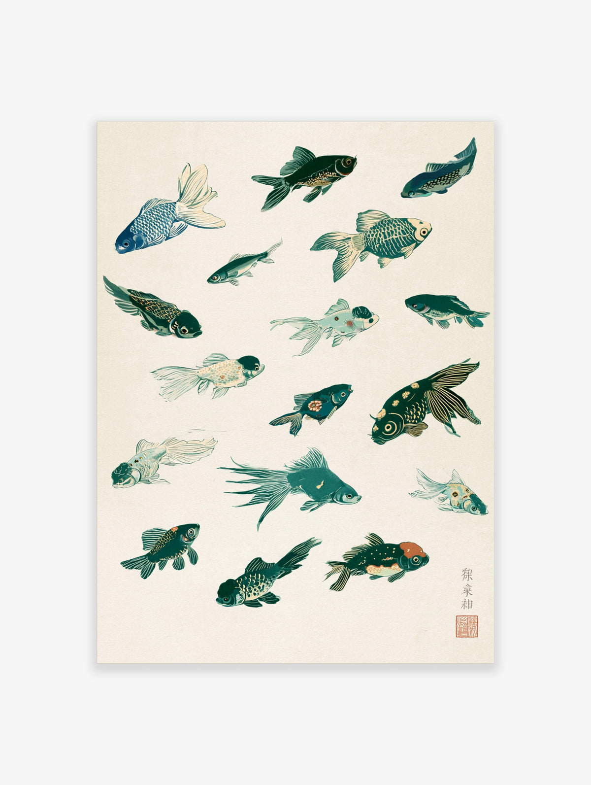 Japanese goldfish poster with sixteen fish in teal, blue, and cream, including a red-capped ranchu