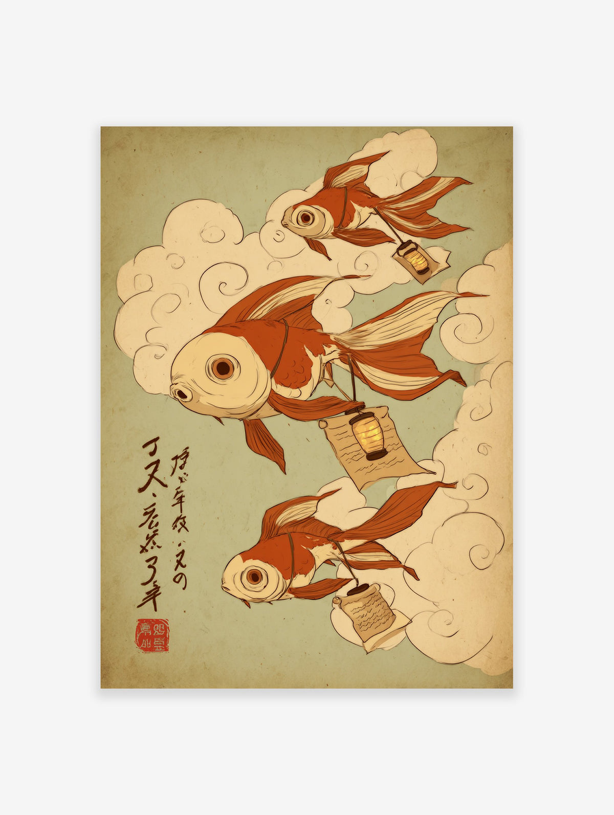 Japanese Ukiyo-e style goldfish wall art print with three orange fish, clouds, lanterns, and calligraphy on a green background.