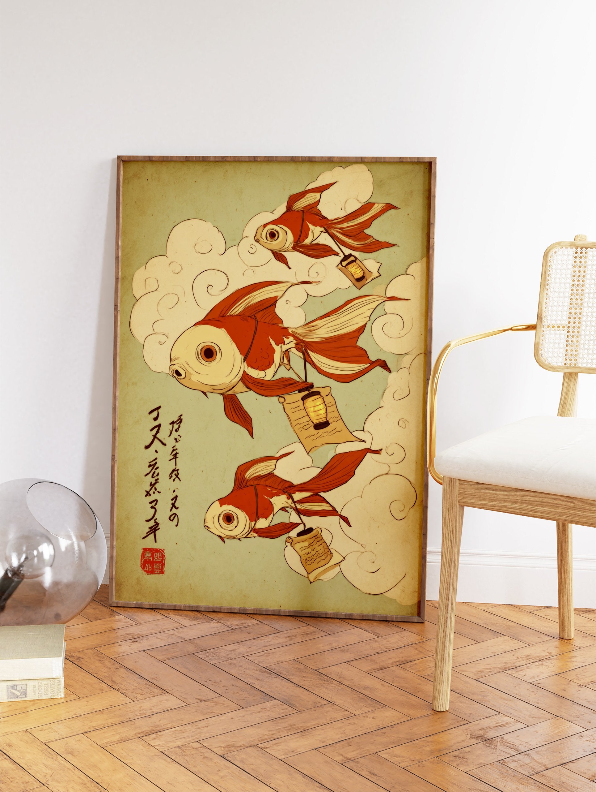 Japanese Ukiyo-e style goldfish wall art print with three orange fish, clouds, lanterns, and calligraphy on a green background. - Image 2