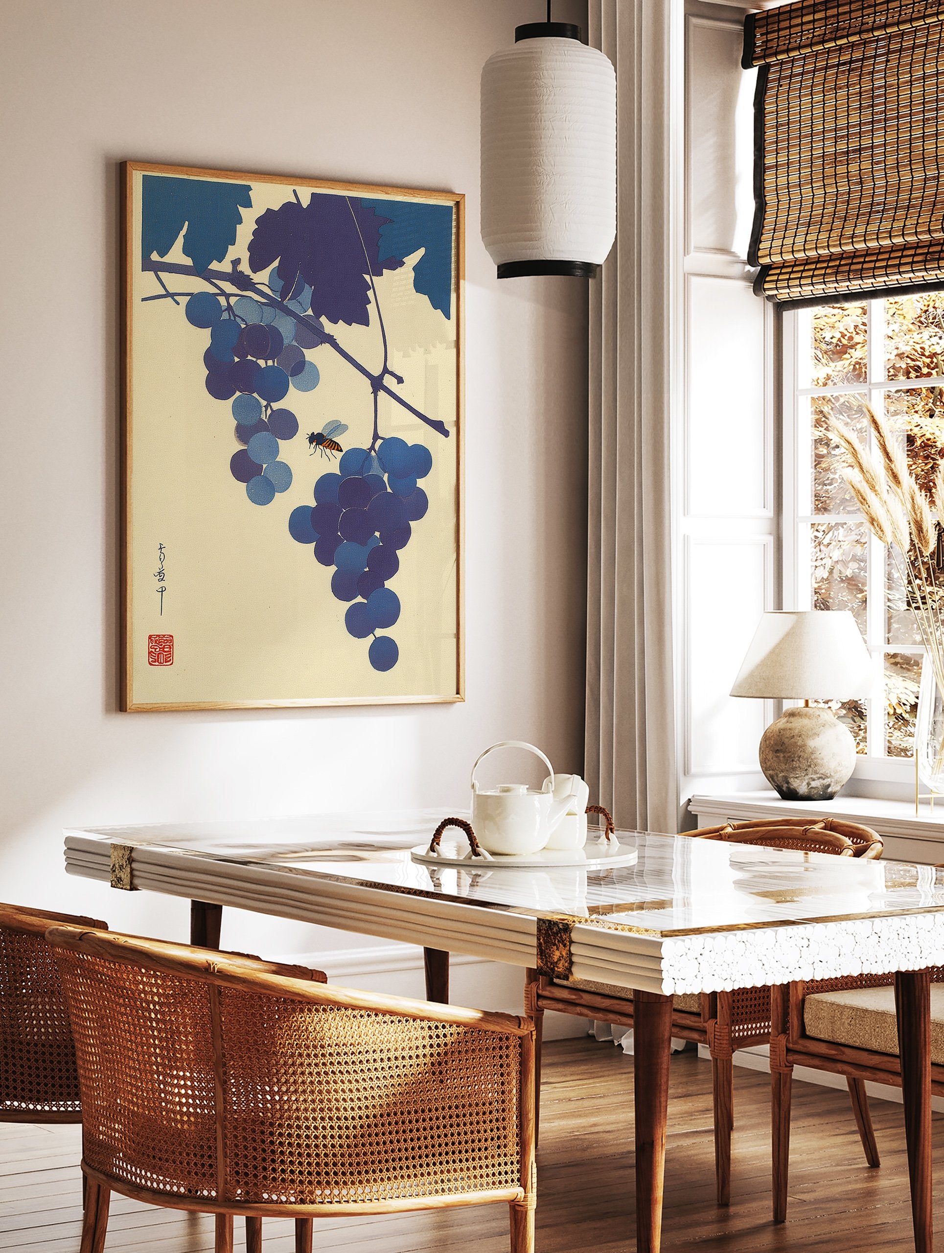 Japanese woodblock print showing blue and purple grapes with a bee, botanical Ukiyo-e style wall art. - Image 3