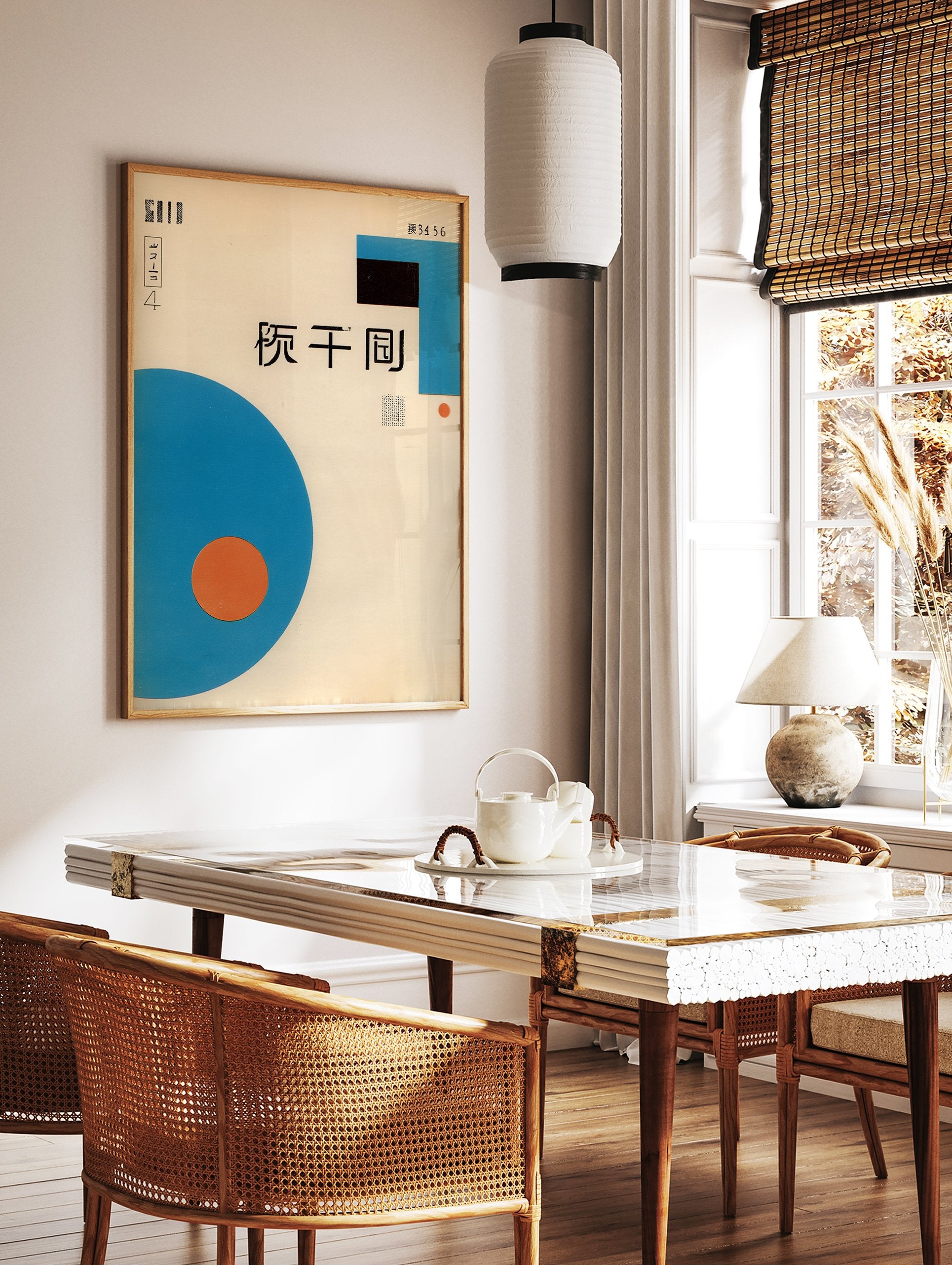 Japanese graphic poster with a large blue circle, small orange circle, black rectangle, and Japanese characters on a light background. - Image 2