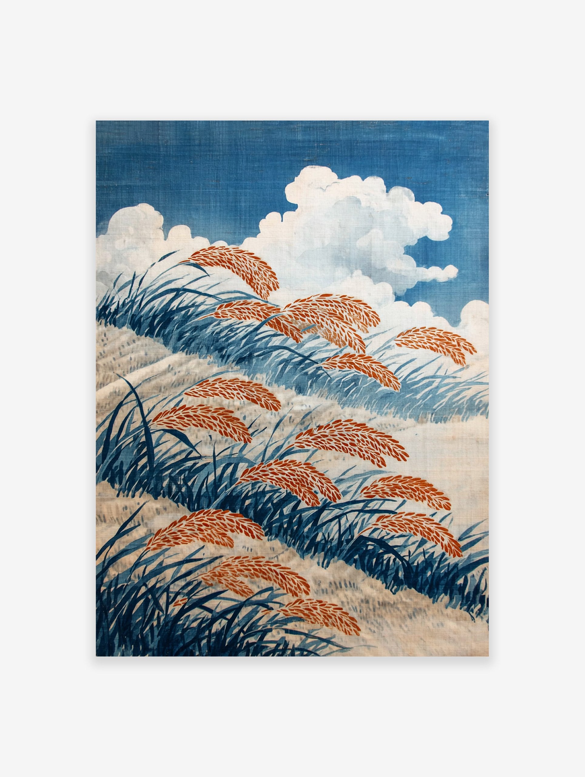 Japanese grass field poster with blue grass and orange seed heads under white clouds in a blue sky.