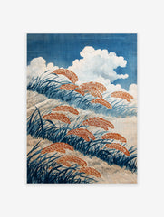 Japanese grass field poster with blue grass and orange seed heads under white clouds in a blue sky.