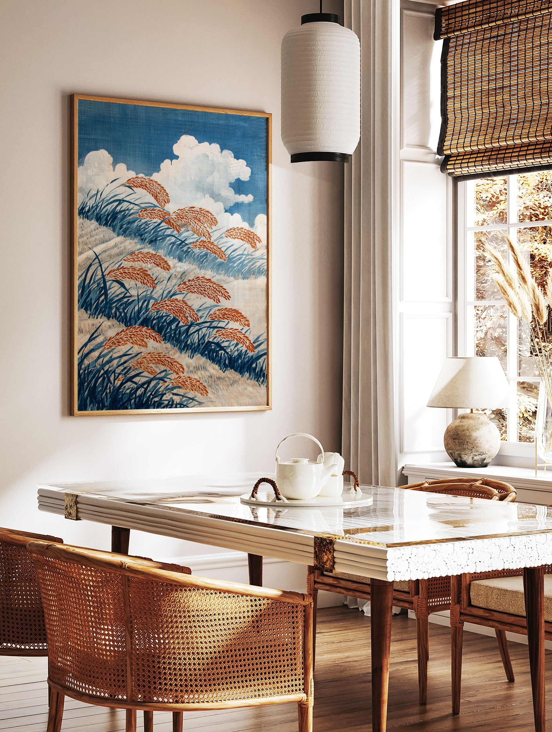 Japanese grass field poster with blue grass and orange seed heads under white clouds in a blue sky. - Image 2