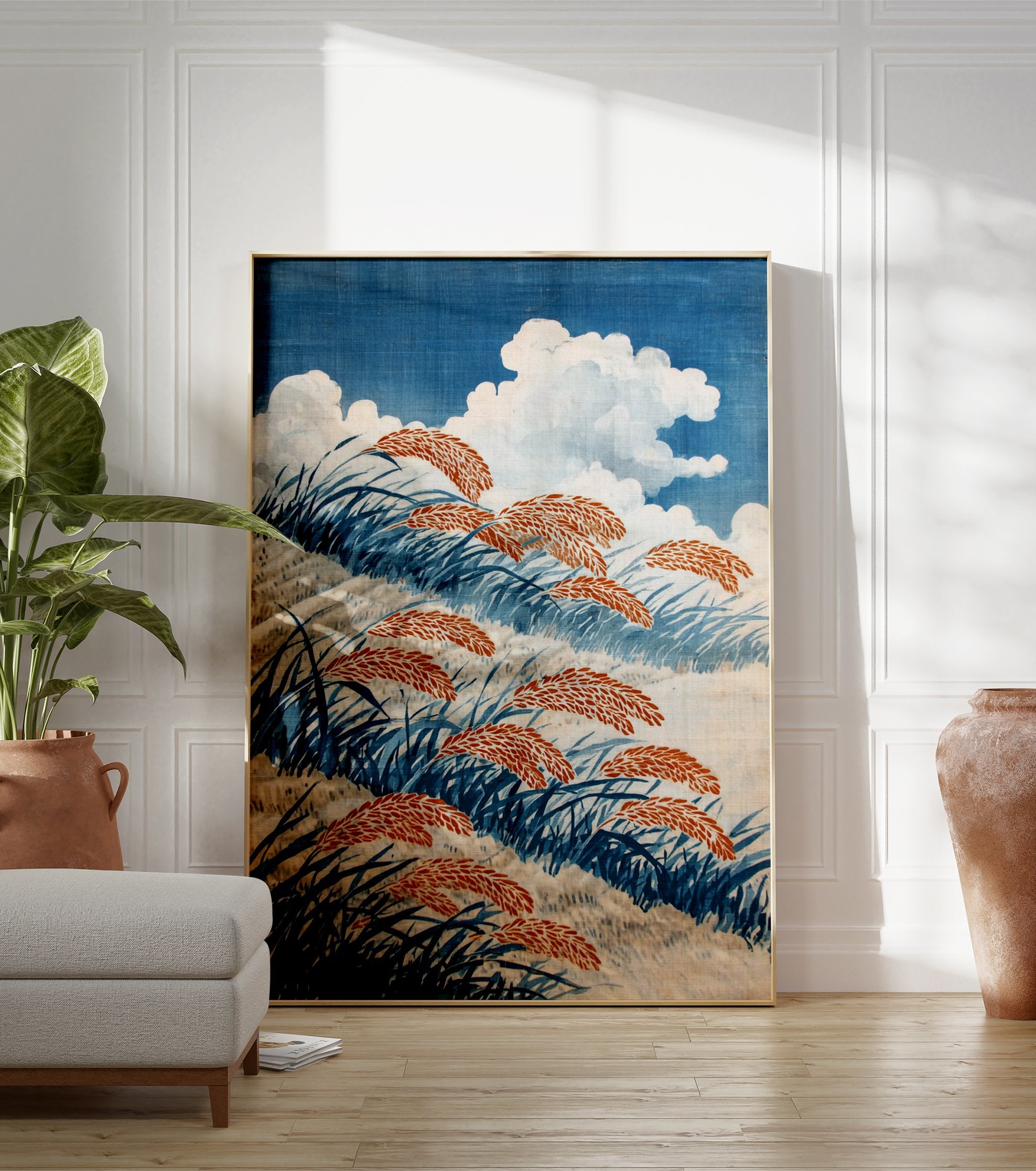 Japanese grass field poster with blue grass and orange seed heads under white clouds in a blue sky. - Image 3