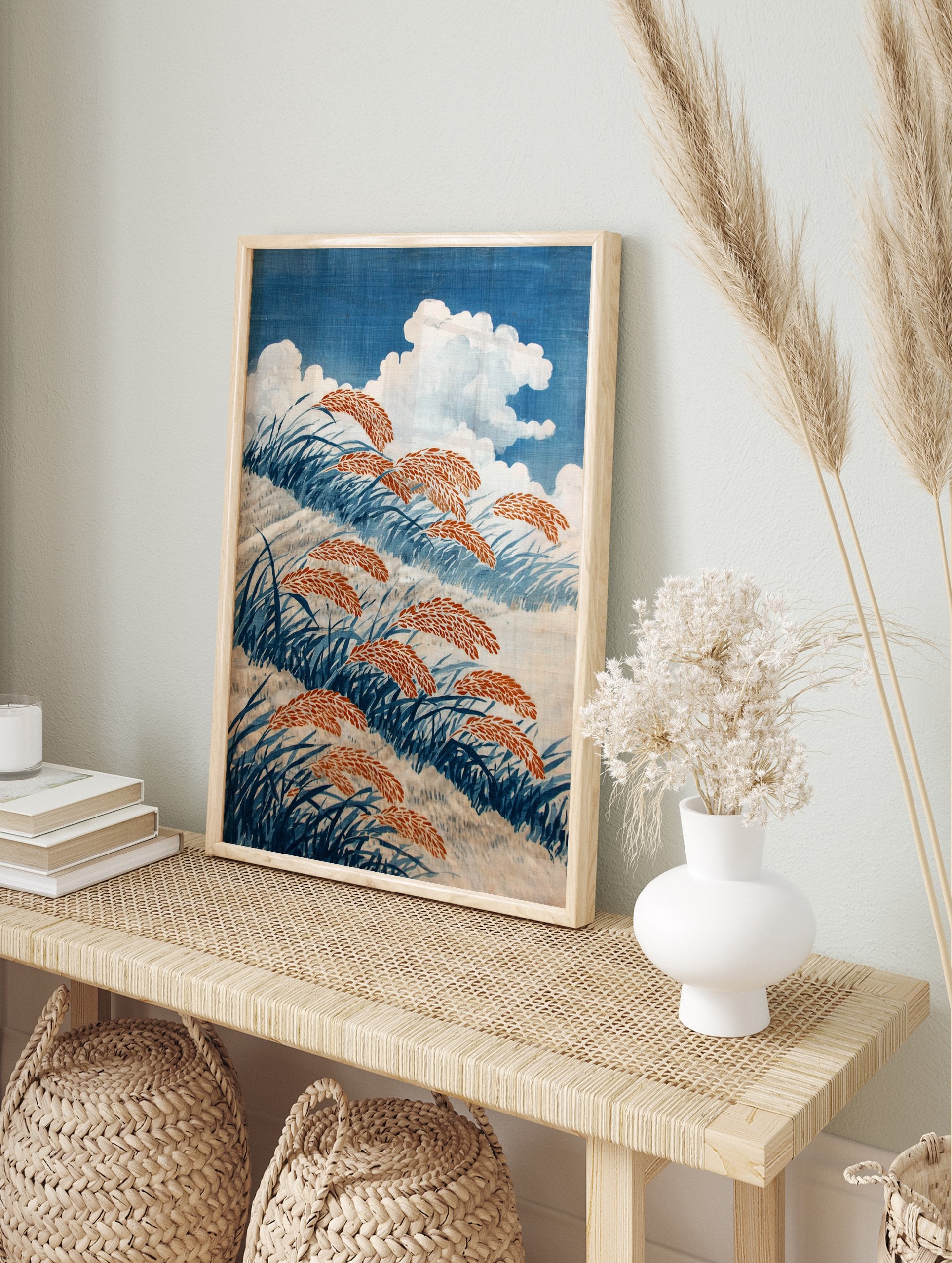 Japanese grass field poster with blue grass and orange seed heads under white clouds in a blue sky. - Image 4