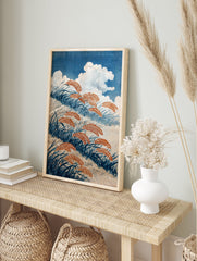 Japanese grass field poster with blue grass and orange seed heads under white clouds in a blue sky. - Image 4
